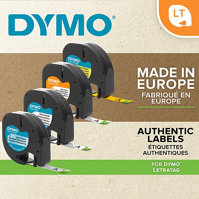 DYMO LetraTag Black on White, Clear Plastic Labels Refills, 12mm x 4m Roll.