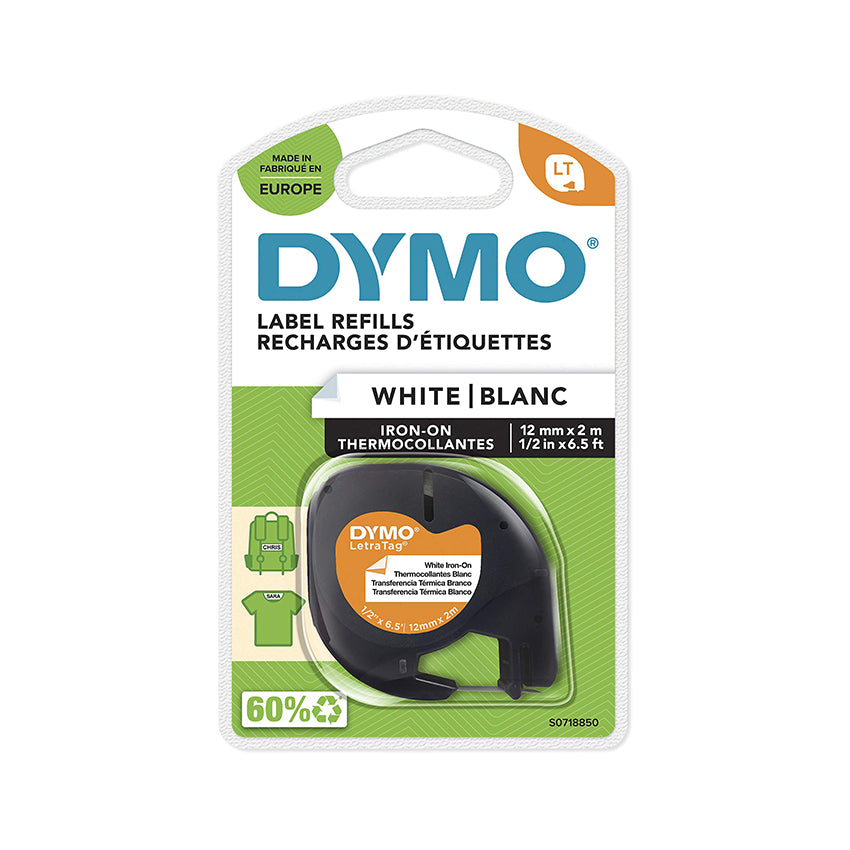 DYMO LetraTag Black on White, Iron-On Fabric Labels Refills, 12mm x 2m Roll.