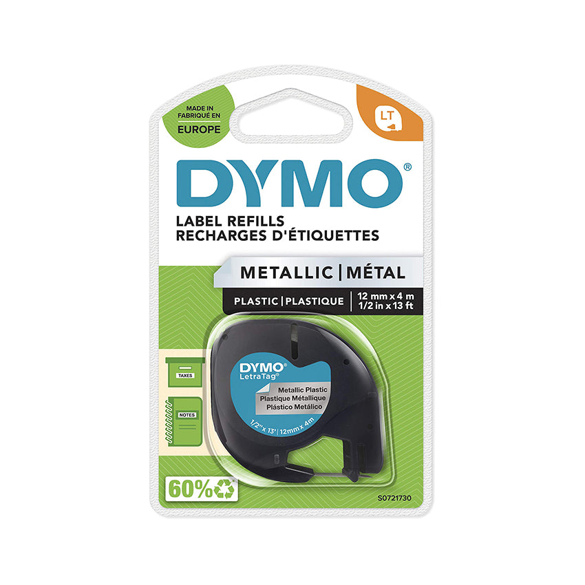 DYMO LetraTag Black-on-Silver, Metallic Labels Refills,12mm x 4m Roll.