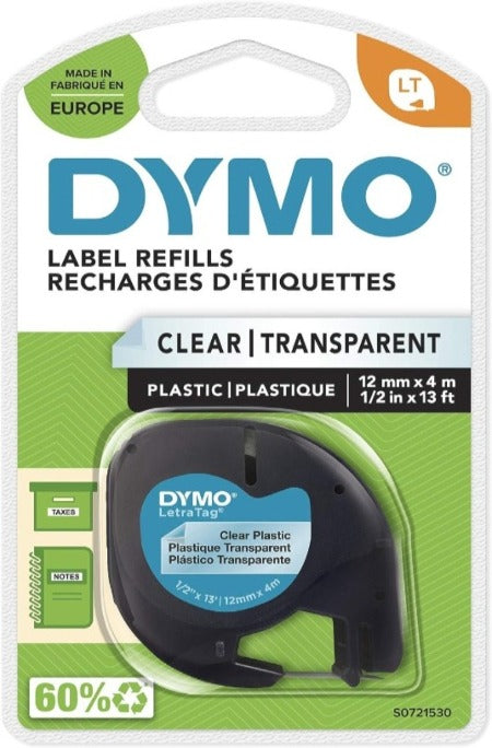 DYMO LetraTag Black on White, Clear Plastic Labels Refills, 12mm x 4m Roll.