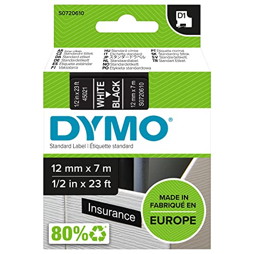 Dymo D1 (12mm) Gloss Tape (White on Black)