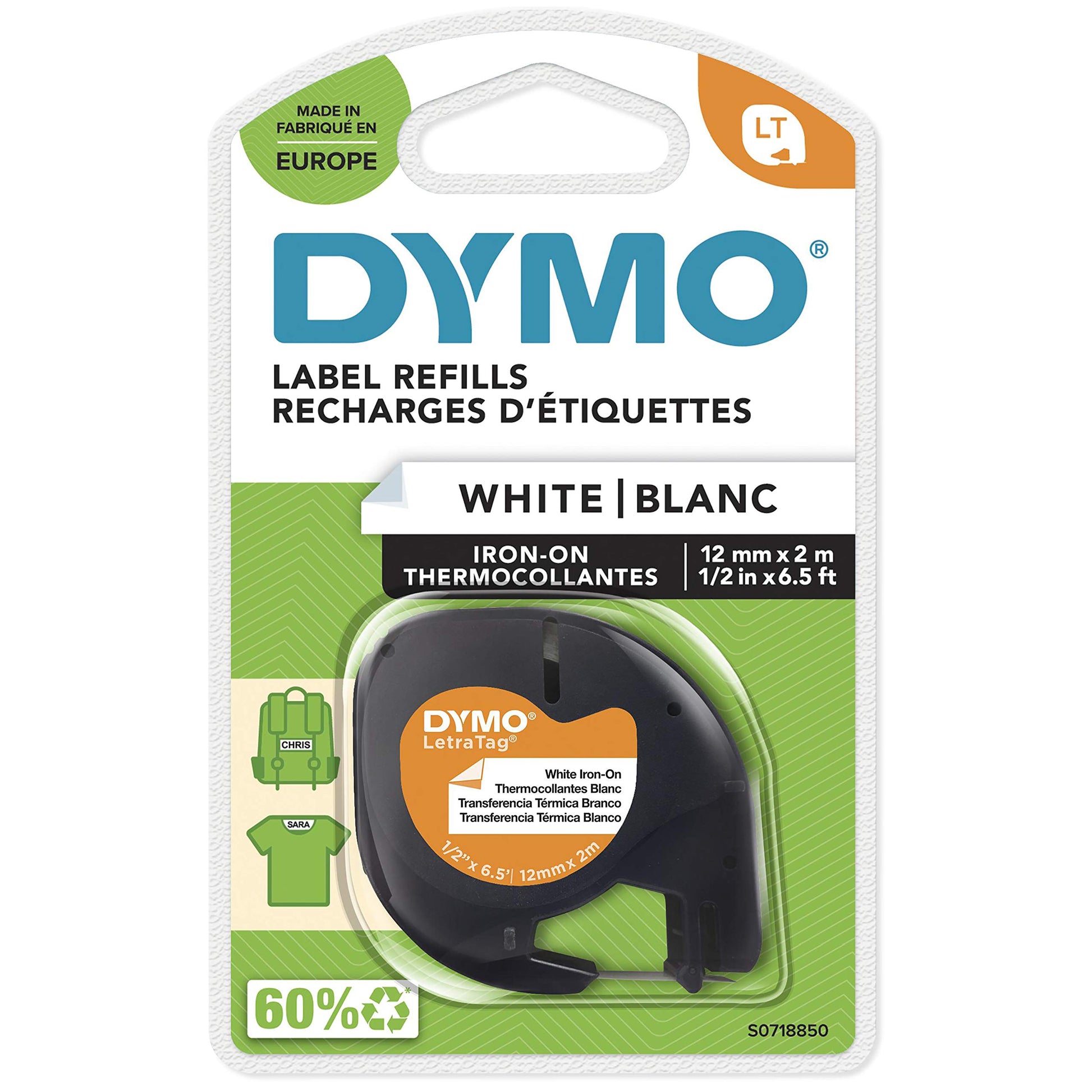 DYMO LetraTag Black on White, Iron-On Fabric Labels Refills, 12mm x 2m Roll.