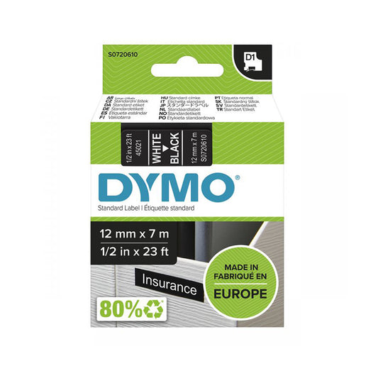 Dymo D1 White on Black 12mm Gloss Tape